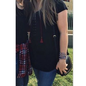 black lace up shirt sleeve t-shirt